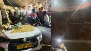 दर्दनाक हादसा : धान से भरा ट्रक कार के ऊपर पलटने से हादसा; 3 की मौत, 2 लोग गंभीर रूप से घायल