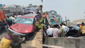 भाटागांव फ्लाईओवर में हादसा, ओवरटेक करने के दौरान ट्रक और कार में हुई भिड़ंत