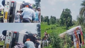 यात्रियों से भरी बस पलटी, एक यात्री की मौत, 25 से ज्यादा घायल, मचा हड़कंप