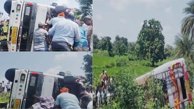 यात्रियों से भरी बस पलटी, एक यात्री की मौत, 25 से ज्यादा घायल, मचा हड़कंप