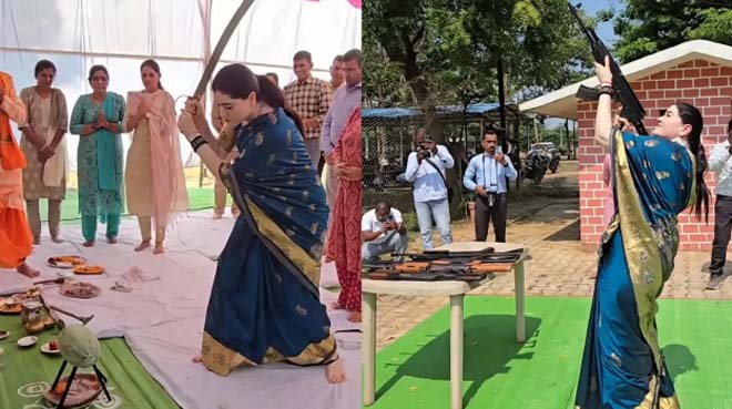 नीली साड़ी और हाथों में AK-47 : शस्त्र पूजा के दौरान राजनांदगांव एसपी अंकिता शर्मा का निराला अंदाज, देखिए VIDEO