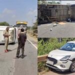 कार से जोरदार टक्कर के बाद सड़क पर पलटी एंबुलेंस, मची अफरा-तफरी, तीन लोग घायल