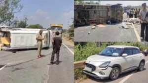 कार से जोरदार टक्कर के बाद सड़क पर पलटी एंबुलेंस, मची अफरा-तफरी, तीन लोग घायल