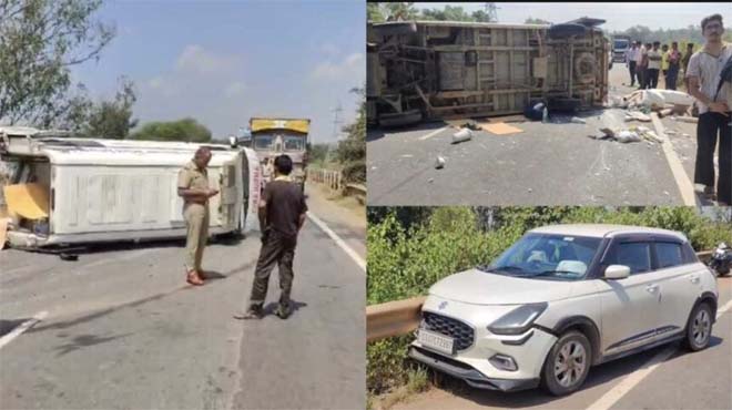 कार से जोरदार टक्कर के बाद सड़क पर पलटी एंबुलेंस, मची अफरा-तफरी, तीन लोग घायल
