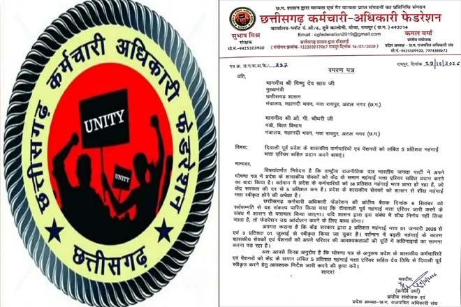 छत्तीसगढ़ में 5% महंगाई भत्ता बढ़ाने की मांग कर्मचारी अधिकारी फेडरेशन ने दी आंदोलन की चेतावनी, सीएम साय को लिखा पत्र