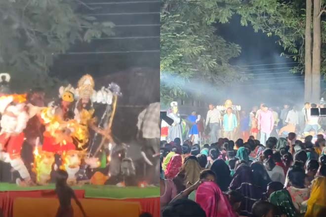 VIDEO रावण दहन के दौरान बड़ा हादसा : हनुमान की पूंछ पर लगी आग, तीन लोग झुलसे,विडियो वायरल
